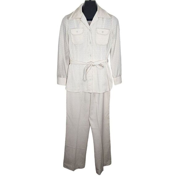 Vintage 70s Leisure Suit Jacket Pants Womens M Beige Polka Dot Double Knit Polye - Picture 1 of 8